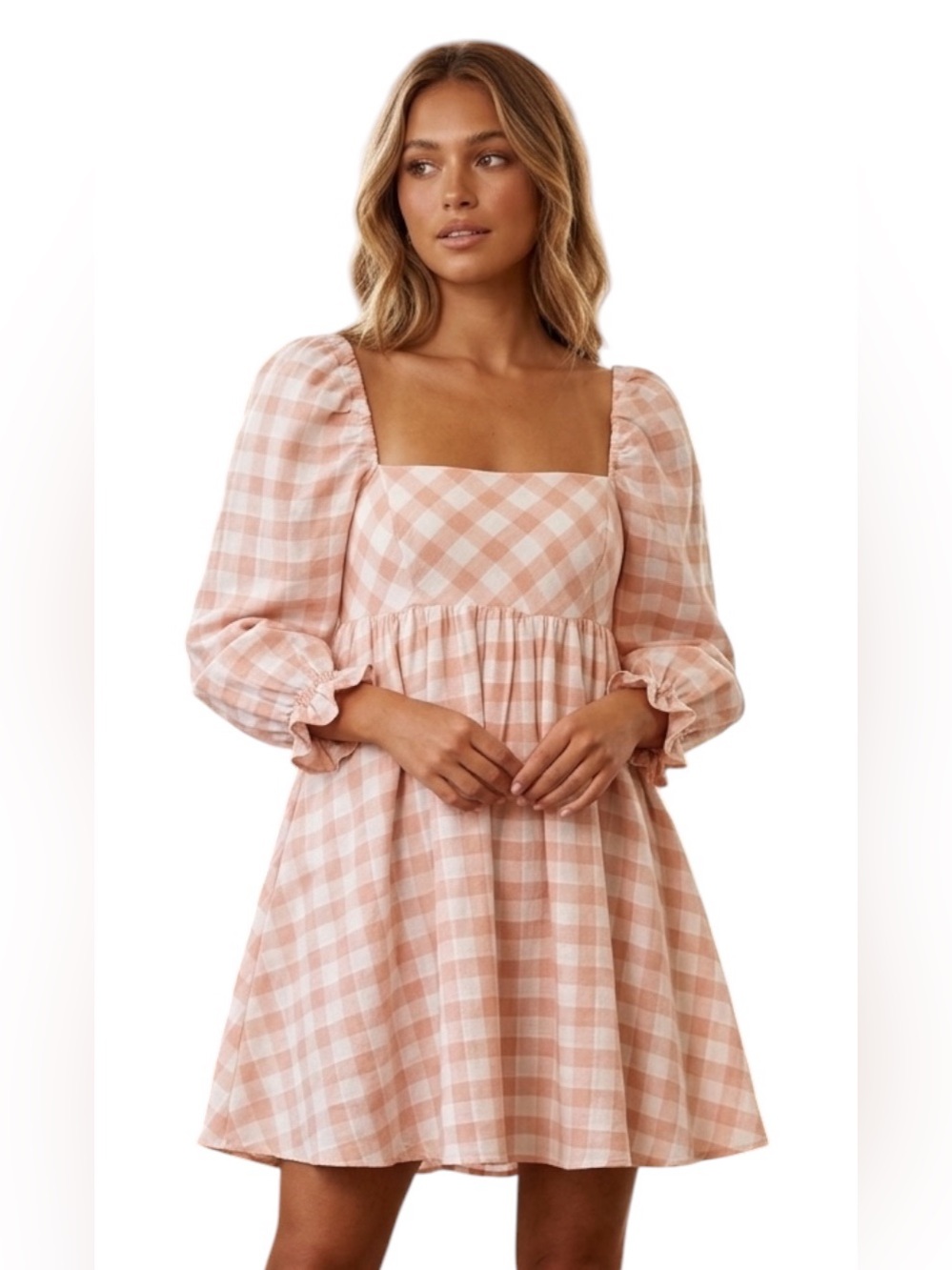 Storia "Jolene" Gingham Babydoll Mini Dress Puff Sleeve Pink White Size Small